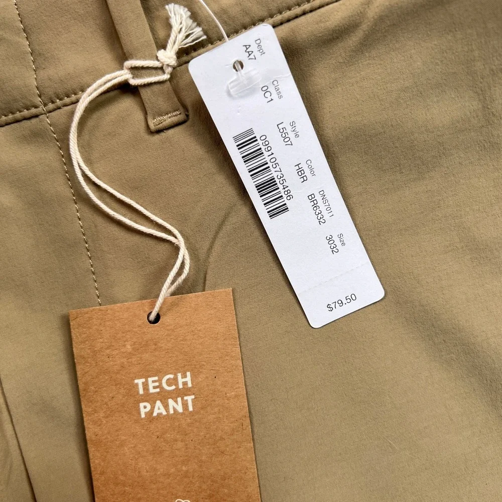 J. Crew 484 Slim Stretch Tech Pants Men 30x32 Khaki Water Resistant Commuter NWT